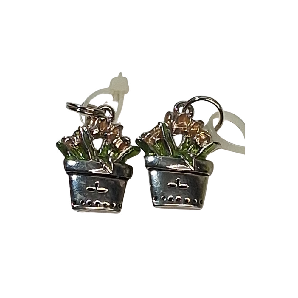 Lot Of 2 Silver Tone Tulip Flower Pot Charms 1" Necklace Bracelet Jewelry